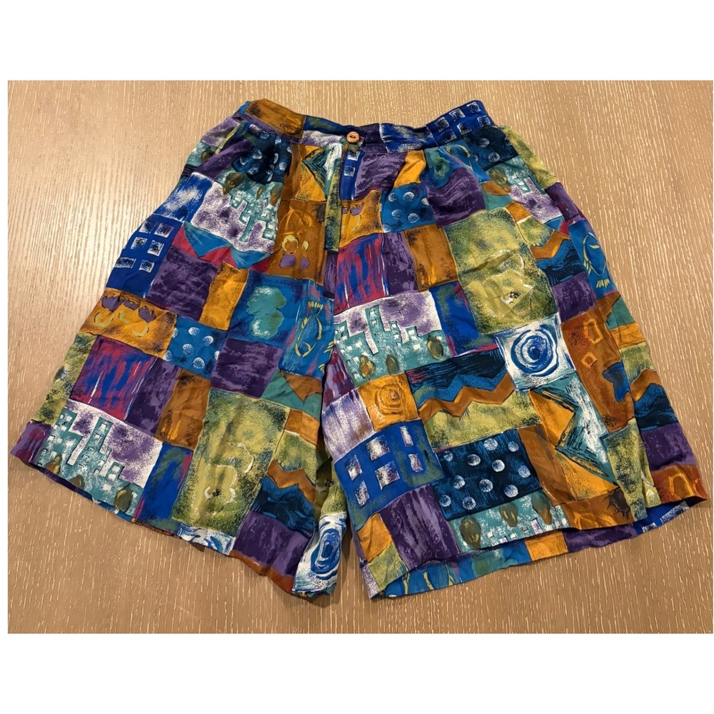 Vintage First Option Womens Size M Abstract Patchwork Bermuda Shorts Artsy Boho